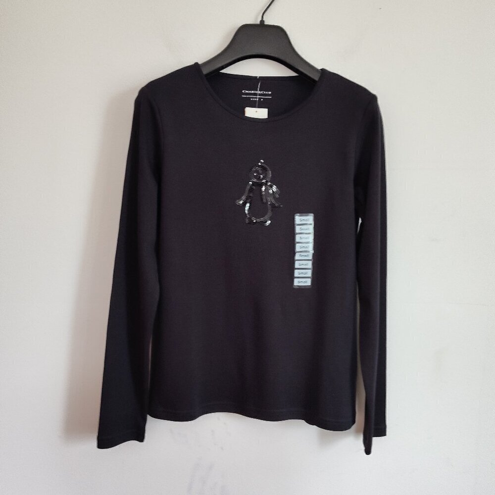 Ladies Sz S Charter Club Black Sequin Penguin Motif TShirt